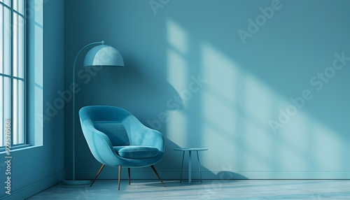 Zimmer mit Lampe, Sessel und Tisch in Hellblau photo