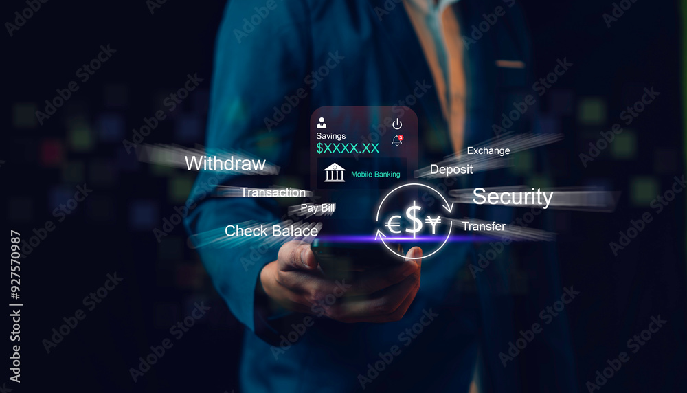Person using mobile smart phone. Digital banking network, internet payment, financial technology, Business global internet connection application, online shopping and payment via mobile banking apps.