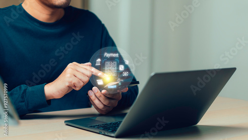Person using mobile smart phone. Digital banking network, internet payment, financial technology, Business global internet connection application, online shopping and payment via mobile banking apps.