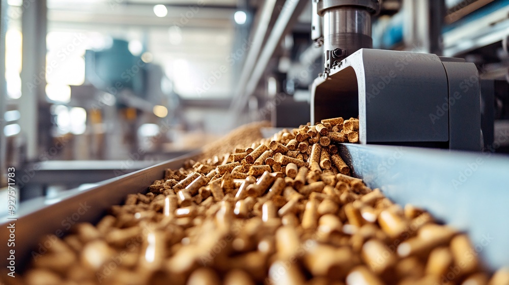 Efficient Wood Pellet Manufacturing Line with Shiny Cylindrical Pellets and Clear Copy Space Efficient Wood Pellet Manufacturing Line with Shiny Cylindrical Pellets and Clear Copy Space