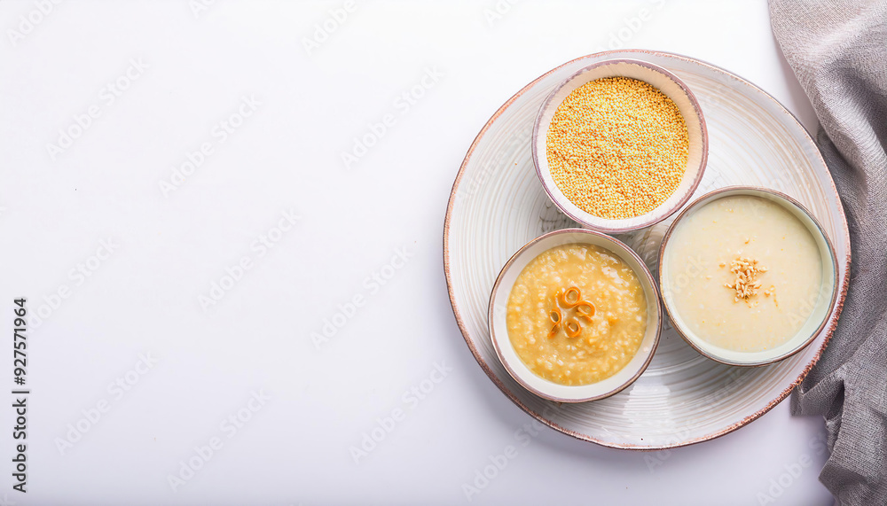 Creamy rice pudding in bowls. dry millet porridge on plate. white background with copy space. Creamy rice pudding in bowls. dry millet porridge on plate. white background with copy space.