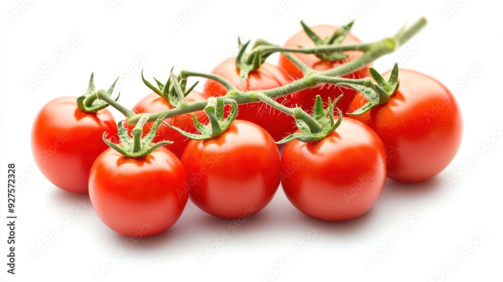 A bunch of ripe, red cherry tomatoes attached to a vibrant green vine, isolated on a white background, with a soft shadow underneath. A bunch of ripe, red cherry tomatoes attached to a vibrant green vine, isolated on a white background, with a soft shadow underneath.