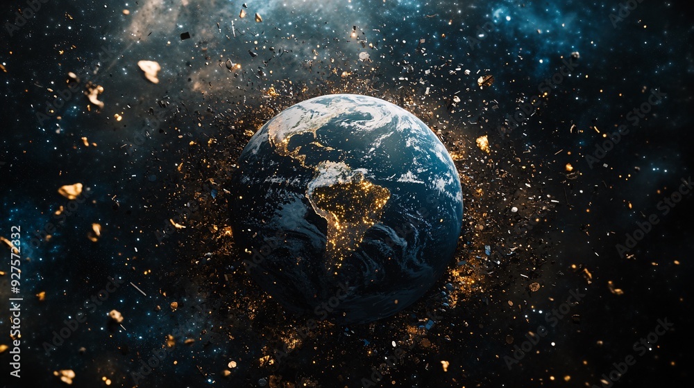 Obraz premium Space Debris Over Earth: A High-angle View of Orbiting Satellites and Cluttered Space Junk with Copy Space Below
