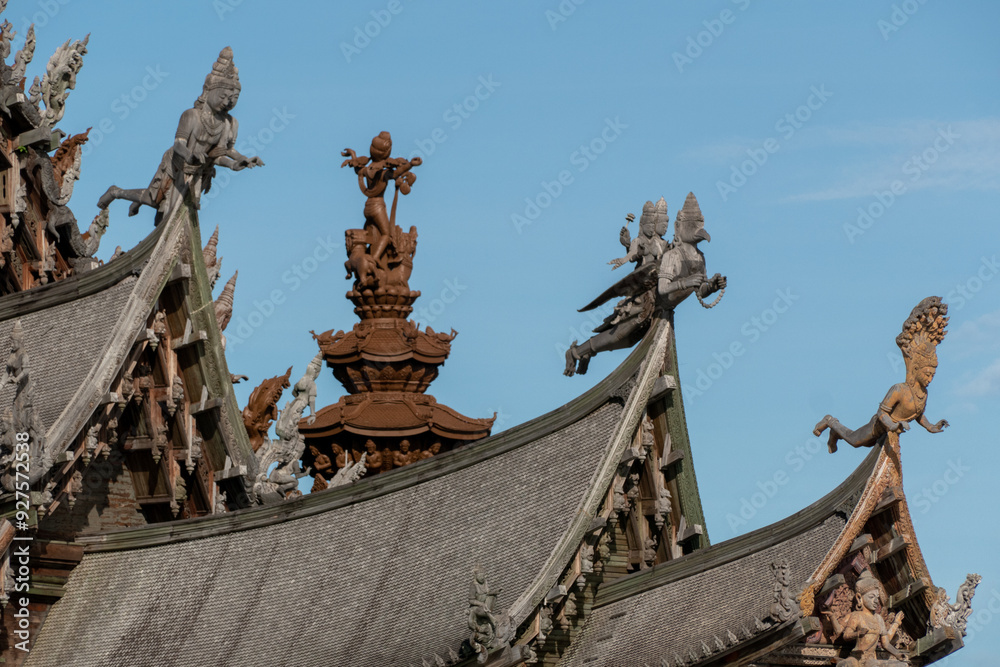 Sanctuary of Truth Museum located in Pattaya Thailand, is the largest wooden castle in the world The museum structure is a hybrid of temple and a castle that is themed on the Ayutthaya Kingdom