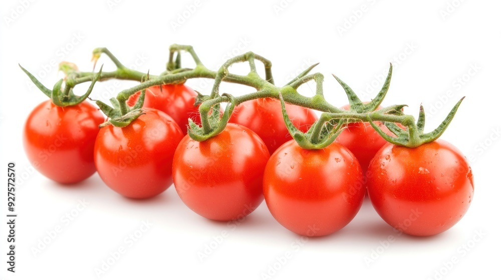 A fresh cluster of red cherry tomatoes attached to a green vine, set against a white background, highlighting their vibrant color and ripe appearance. A fresh cluster of red cherry tomatoes attached to a green vine, set against a white background, highlighting their vibrant color and ripe appearance.