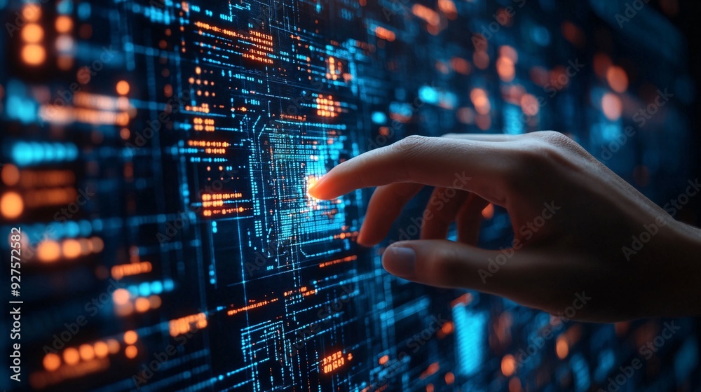 Fototapeta premium Digital Technology Concept: Neural Network Diagram on Computer Screen with Binary Code and Interactive Hand, Copy Space Above