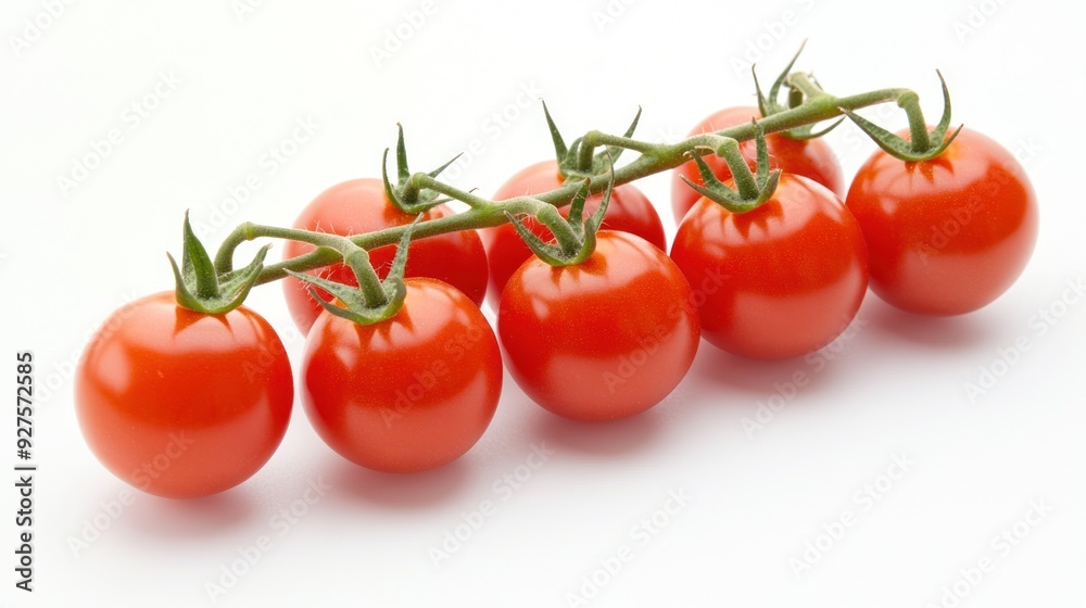 A fresh bunch of red cherry tomatoes attached to a green vine, positioned against a clean, white background. A fresh bunch of red cherry tomatoes attached to a green vine, positioned against a clean, white background.