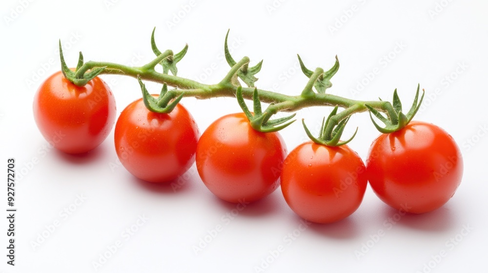 A vine of six ripe red cherry tomatoes against a white background, with a fresh and juicy appearance, indicating freshness and ready for consumption. A vine of six ripe red cherry tomatoes against a white background, with a fresh and juicy appearance, indicating freshness and ready for consumption.