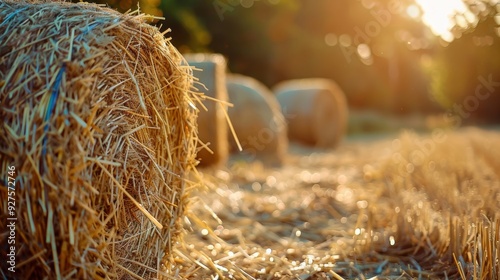 A close-up of rolled straw bales in an outdoor autumn setting, highlighting the season's harvest and rural charm