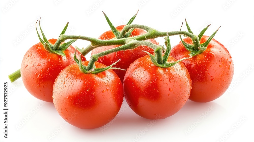 A cluster of six ripe, red tomatoes attached to a green vine, with visible water droplets, against a white background. A cluster of six ripe, red tomatoes attached to a green vine, with visible water droplets, against a white background.