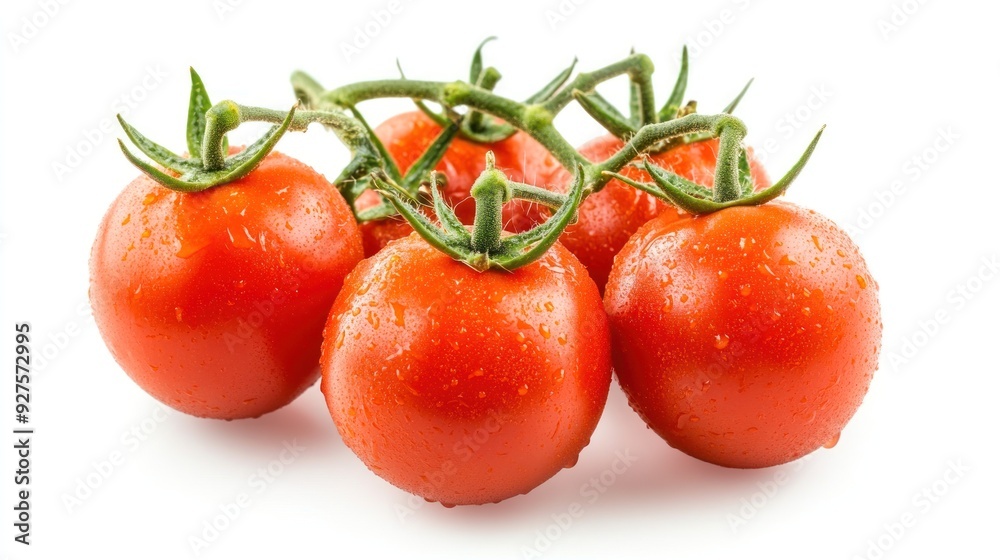 A cluster of five ripe red tomatoes with water droplets attached to a vine, isolated on a white background, suggesting freshness and organic produce. A cluster of five ripe red tomatoes with water droplets attached to a vine, isolated on a white background, suggesting freshness and organic produce.