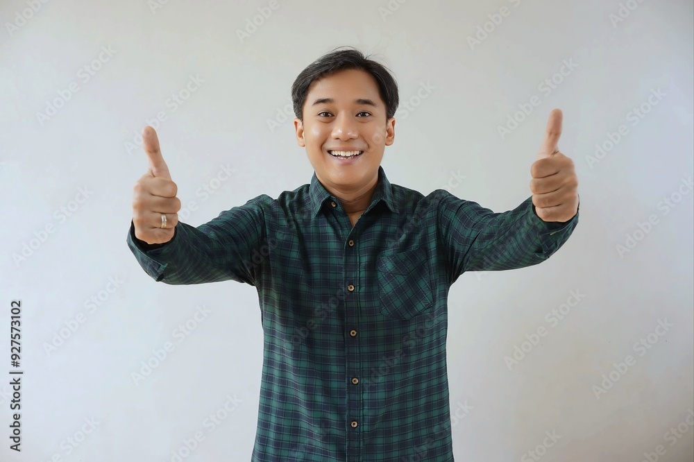 Adult Asian man in green long sleeve flannel shirt looking at camera while smiling and showing two thumbs up. Happy and cheerful expression. Gesture of achievement, appreciation, agreement, approval. Adult Asian man in green long sleeve flannel shirt looking at camera while smiling and showing two thumbs up. Happy and cheerful expression. Gesture of achievement, appreciation, agreement, approval.