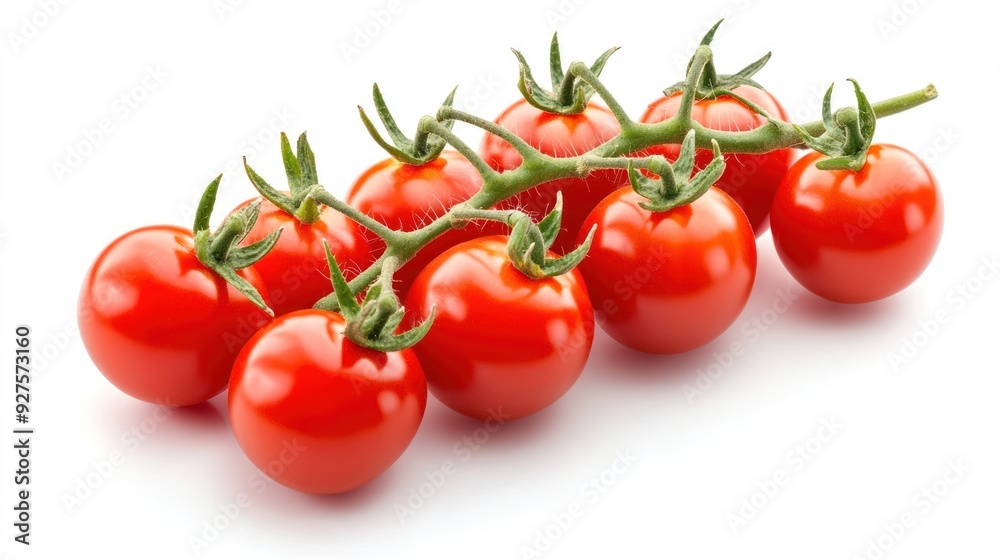A fresh vine of ripe cherry tomatoes with a vibrant red color set against a white background, suggestive of healthy eating and cooking ingredients. A fresh vine of ripe cherry tomatoes with a vibrant red color set against a white background, suggestive of healthy eating and cooking ingredients.
