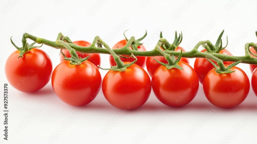 A vine of ripe red cherry tomatoes against a white background. The tomatoes are fresh and attached to a green stem. A vine of ripe red cherry tomatoes against a white background. The tomatoes are fresh and attached to a green stem.