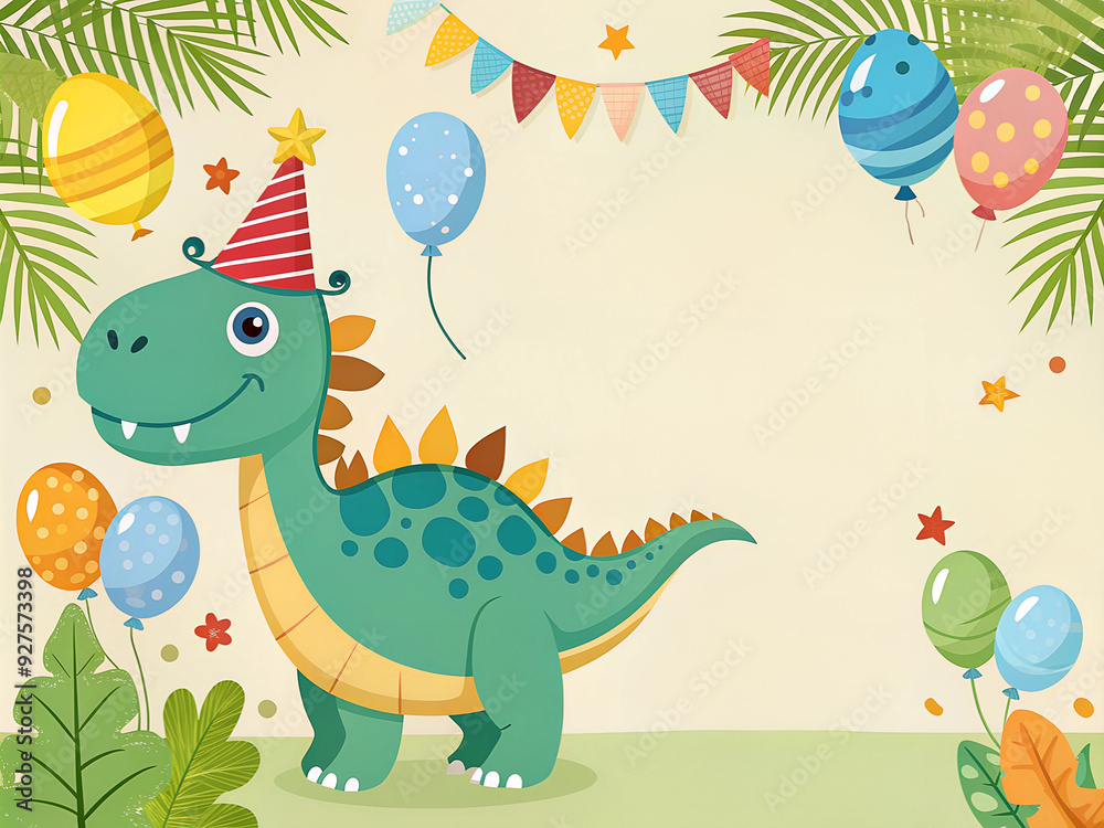 Birthday card with a cute green dinosaur in a cap and balloons with space for text
