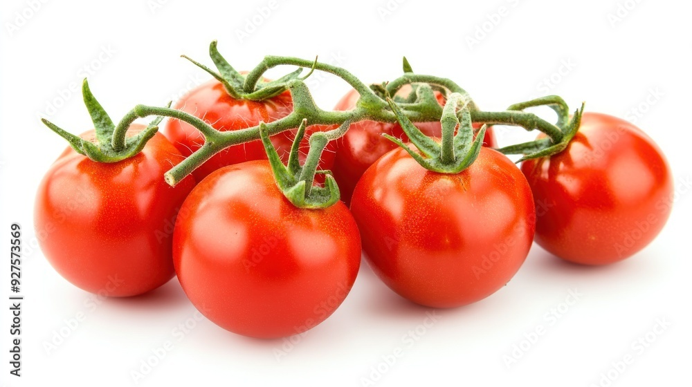 A bunch of ripe red tomatoes attached to their green vine, isolated on a white background, commonly used in salads, sauces, and various dishes. A bunch of ripe red tomatoes attached to their green vine, isolated on a white background, commonly used in salads, sauces, and various dishes.