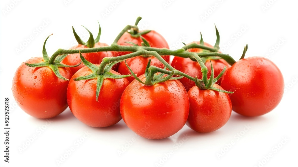 A bunch of ripe red tomatoes attached to a stem, isolated on a white background, indicative of fresh produce with a focus on healthy ingredients. A bunch of ripe red tomatoes attached to a stem, isolated on a white background, indicative of fresh produce with a focus on healthy ingredients.