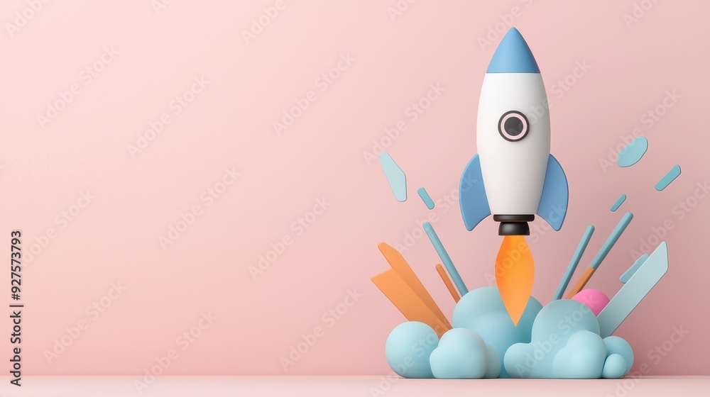 A colorful rocket launching against a soft pink background, symbolizing creativity, exploration, and innovation. A colorful rocket launching against a soft pink background, symbolizing creativity, exploration, and innovation.