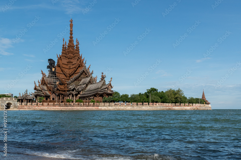 Sanctuary of Truth Museum located in Pattaya Thailand, is the largest wooden castle in the world The museum structure is a hybrid of temple and a castle that is themed on the Ayutthaya Kingdom