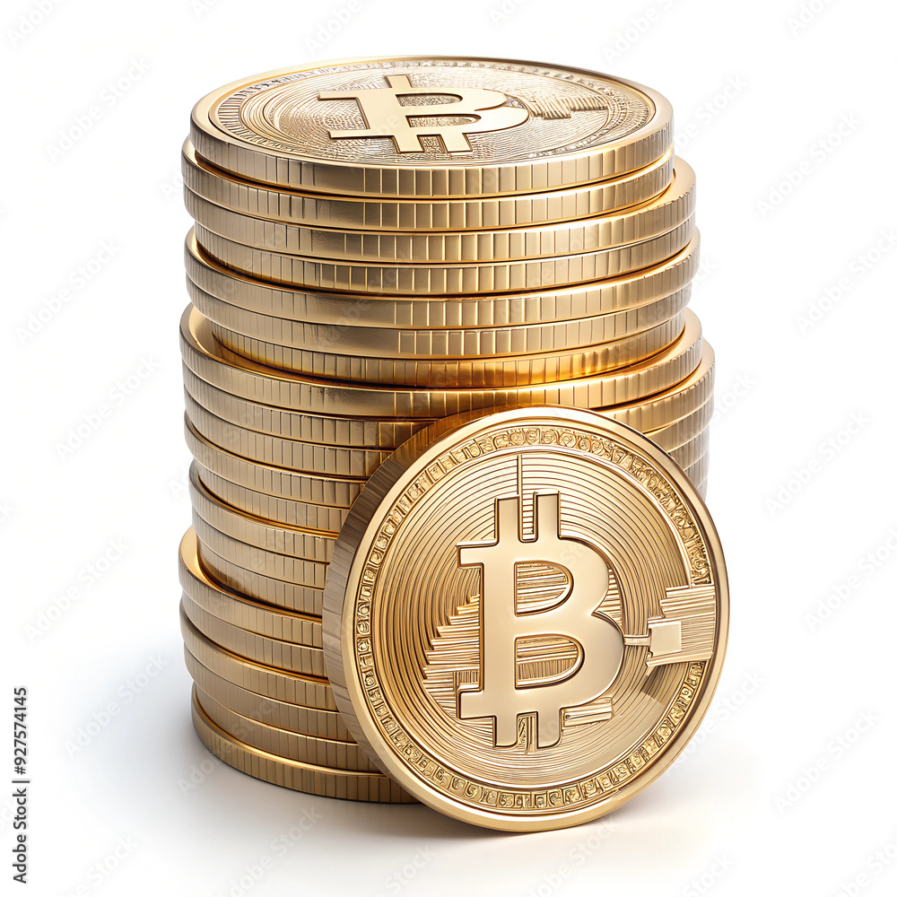 Stack of gold colored bitcoin coins on white background Stack of gold colored bitcoin coins on white background