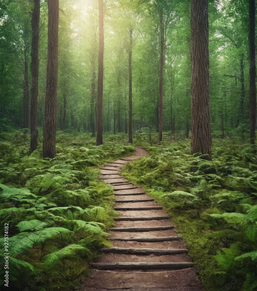 Obraz premium path through forest with green ferns