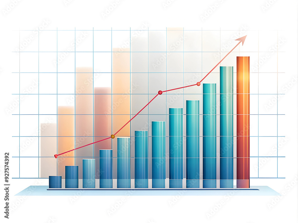 Graph, chart of financial growth in business and economics, depicts progress with red arrow up blue on white background Graph, chart of financial growth in business and economics, depicts progress with red arrow up blue on white background
