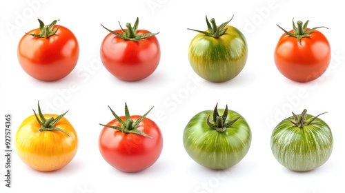 Eight tomatoes at various stages of ripeness, ranging from green to fully ripe red, isolated on a white background.