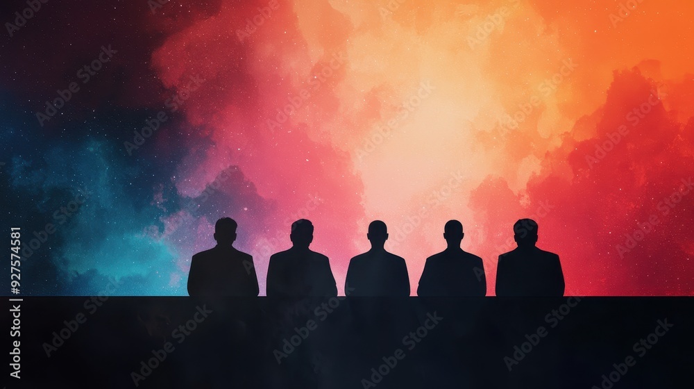 Silhouettes of five individuals against a vibrant cosmic background, creating an intriguing blend of color and mystery.
