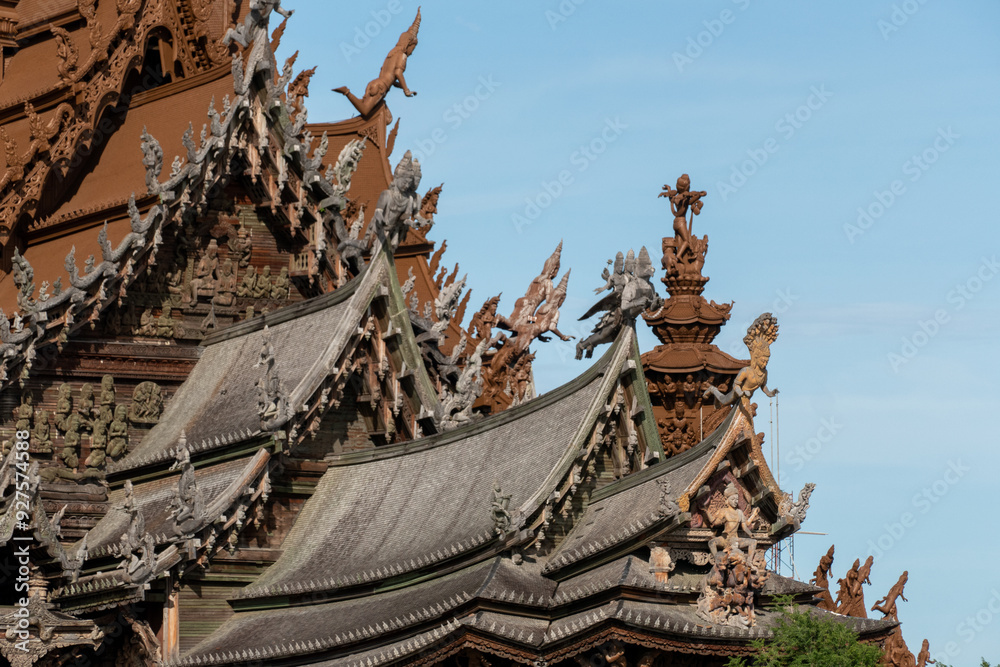 Sanctuary of Truth Museum located in Pattaya Thailand, is the largest wooden castle in the world The museum structure is a hybrid of temple and a castle that is themed on the Ayutthaya Kingdom