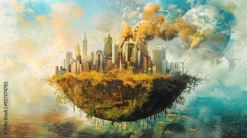 Floating Cityscape with Pollution and Wind Turbines