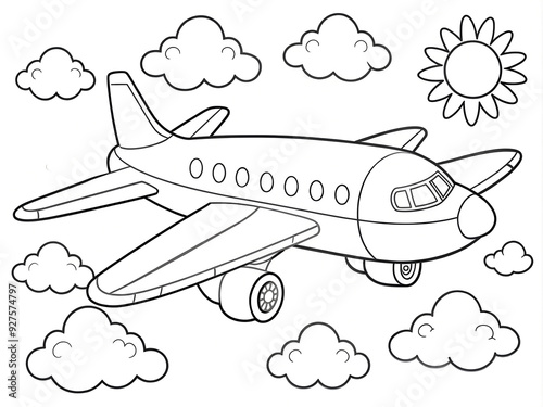 Coloring page for kids with a picture of an airplane in the sky with clouds and sun