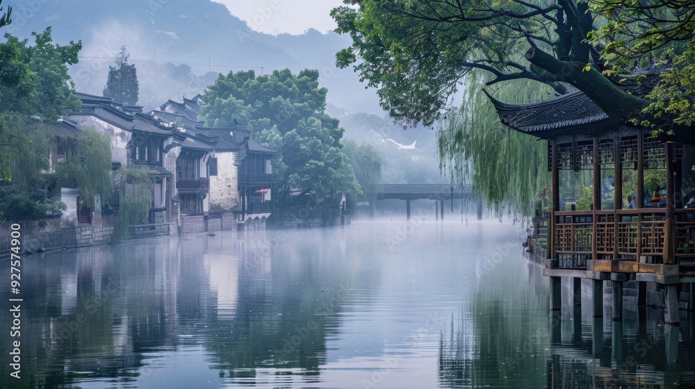 A traditional Jiangnan ancient town building with a river running through the center and a nearby pavilion, reflecting classic Chinese architecture and serene water town scenery A traditional Jiangnan ancient town building with a river running through the center and a nearby pavilion, reflecting classic Chinese architecture and serene water town scenery
