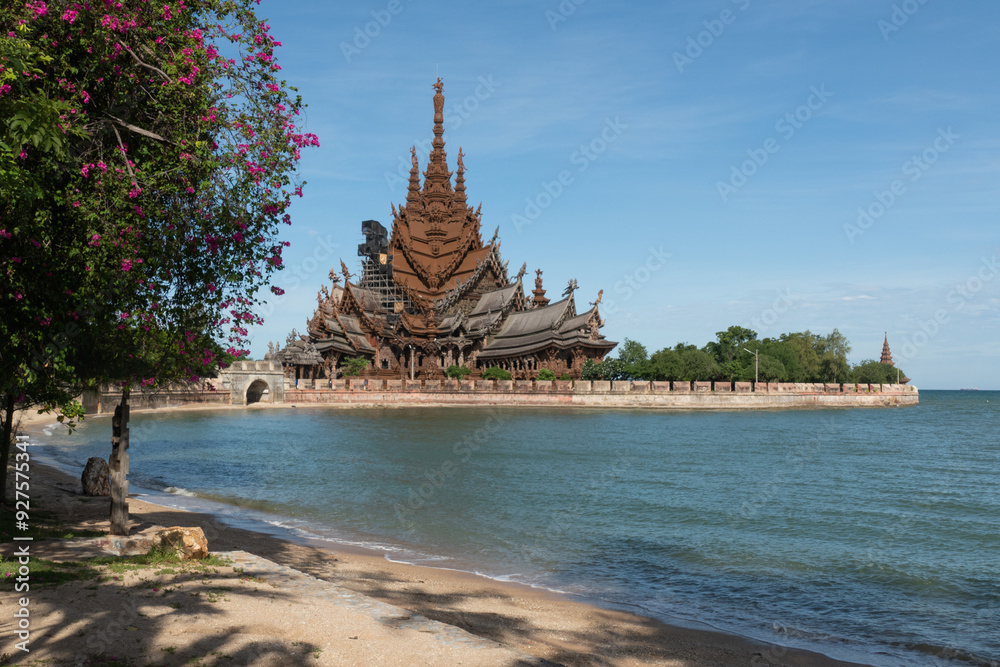 Sanctuary of Truth Museum located in Pattaya Thailand, is the largest wooden castle in the world The museum structure is a hybrid of temple and a castle that is themed on the Ayutthaya Kingdom