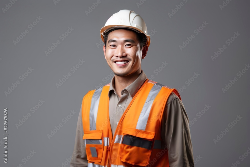 portrait of mature happy asian handyman or builder in helmet on grey background portrait of mature happy asian handyman or builder in helmet on grey background
