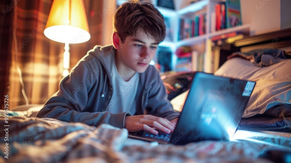 A teenager using a laptop to do homework in their bedroom, focused and typing away