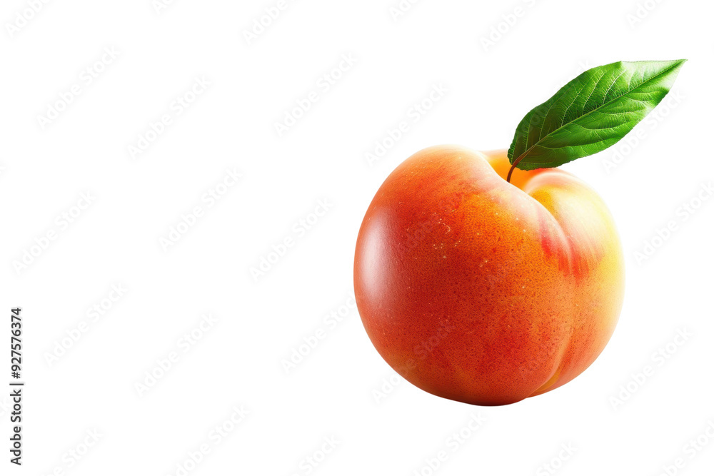 Fresh Peach with Leaf: A single, vibrant peach, perfectly ripe and juicy, with a single green leaf, isolated on a white background. The image exudes freshness and summery goodness. Fresh Peach with Leaf: A single, vibrant peach, perfectly ripe and juicy, with a single green leaf, isolated on a white background. The image exudes freshness and summery goodness.