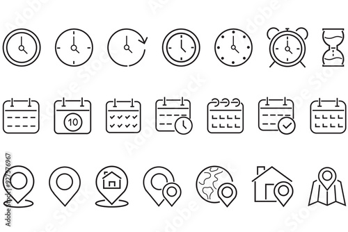 Time and date line icons set.  Clock, calendar, location pin. Time, date and address concept editable stroke outline icons set isolated. Editable stroke. Vector illustration.
