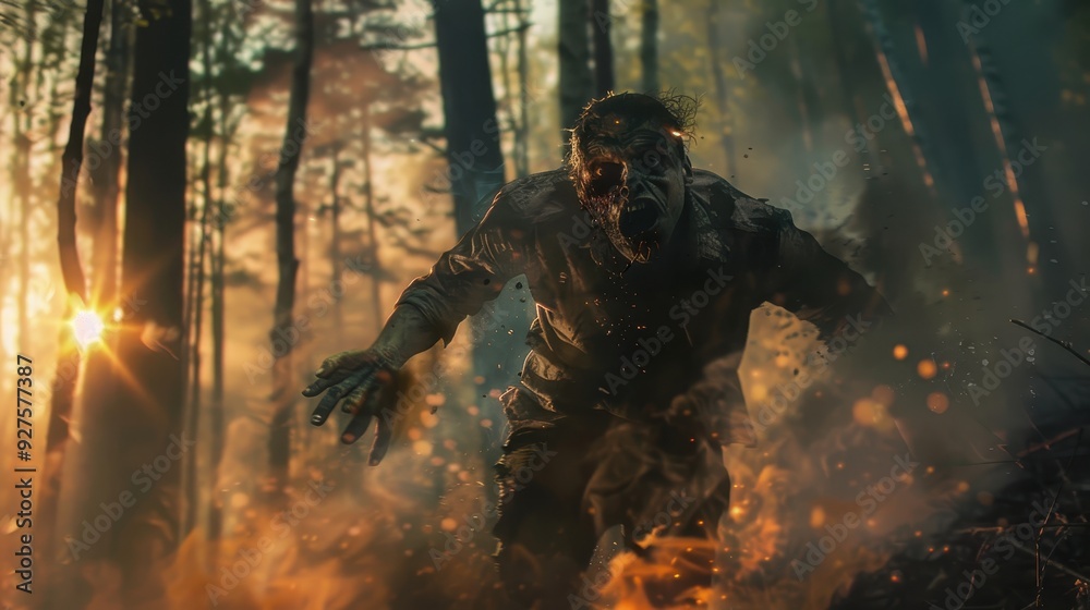 Character that resembles a zombie or a creature from a horror setting, set against a backdrop of a forest with a low sun casting a warm glow Character that resembles a zombie or a creature from a horror setting, set against a backdrop of a forest with a low sun casting a warm glow