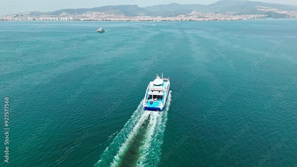 Ferry boat crossing the sea, carrying cars and passengers, deck of a boat carrying vehicles. Aerial view Ferry boat crossing the sea, carrying cars and passengers, deck of a boat carrying vehicles. Aerial view