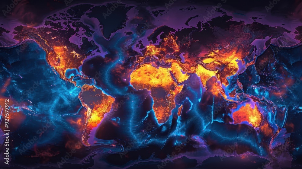 Fototapeta premium Abstract World Map with Glowing Continents and Oceans