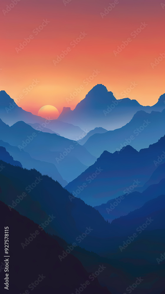 Naklejka premium A stunning sunset over layered mountains, showcasing shades of blue and orange as the sun dips below the horizon.