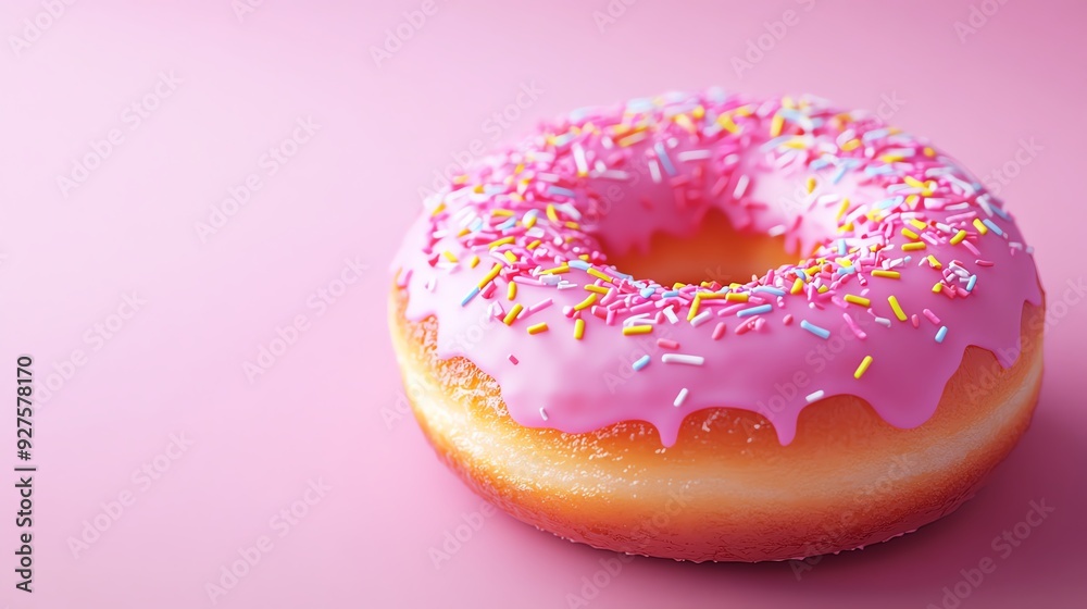 Create a vibrant, eye-catching image of a donut at eye-level angle, showcasing its enticing sprinkles and glossy glaze Create a vibrant, eye-catching image of a donut at eye-level angle, showcasing its enticing sprinkles and glossy glaze