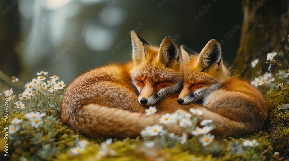 Obraz premium Two Adorable Foxes Snuggling in a Bed of Flowers