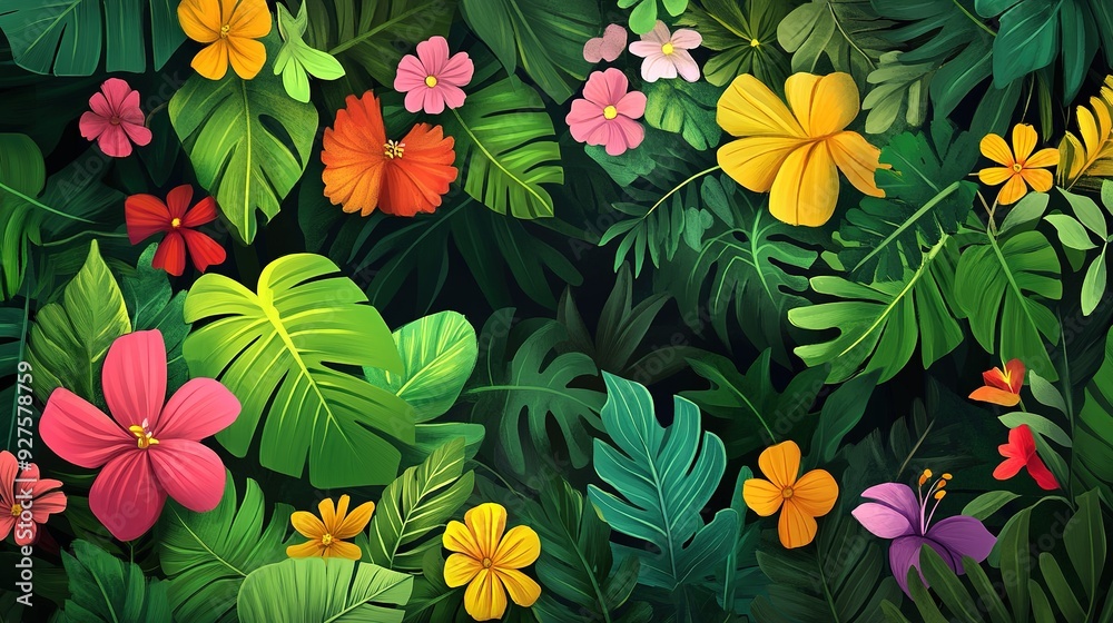 a banner featuring the lush greens and exotic floral of the Amazon Rainforest. a Brazil-Themed Banner Design. a banner featuring the lush greens and exotic floral of the Amazon Rainforest. a Brazil-Themed Banner Design.