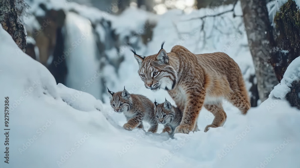 Fototapeta premium Lynx Family in Snowy Winter Wonderland