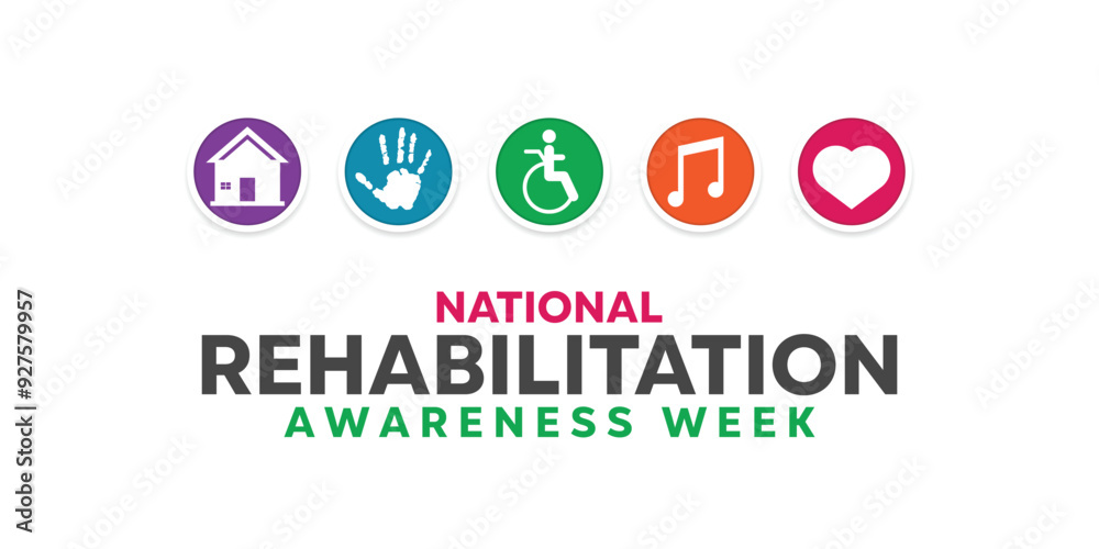 National Rehabilitation Awareness Week. House, hand, people, music and heart. Great for cards, banners, posters, social media and more. White background. National Rehabilitation Awareness Week. House, hand, people, music and heart. Great for cards, banners, posters, social media and more. White background.