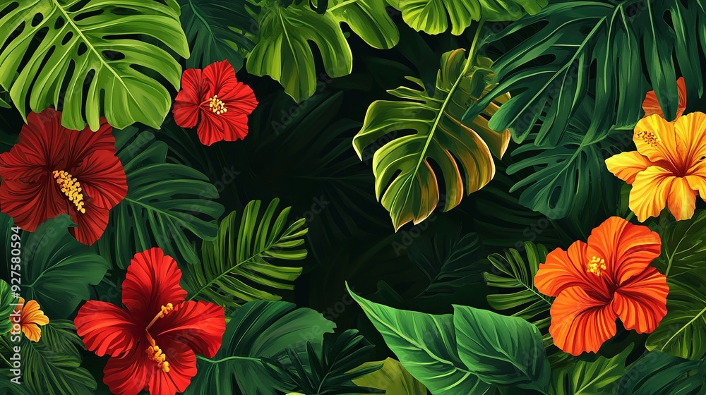 a banner featuring the lush greens and exotic floral of the Amazon Rainforest. a Brazil-Themed Banner Design. a banner featuring the lush greens and exotic floral of the Amazon Rainforest. a Brazil-Themed Banner Design.