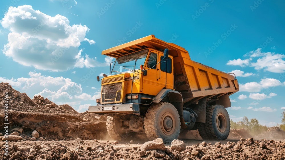 Articulated dump truck in action, unloading a load of dirt at a construction site Articulated dump truck in action, unloading a load of dirt at a construction site