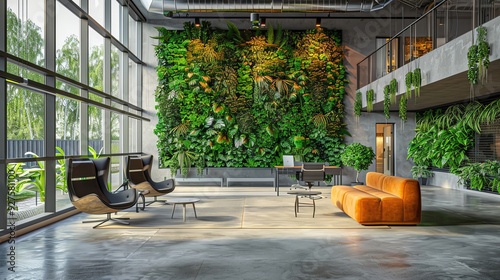 A modern, eco-friendly office featuring a wall of green plants, large windows, and minimalist decor where business professionals are engaged in strategic planning