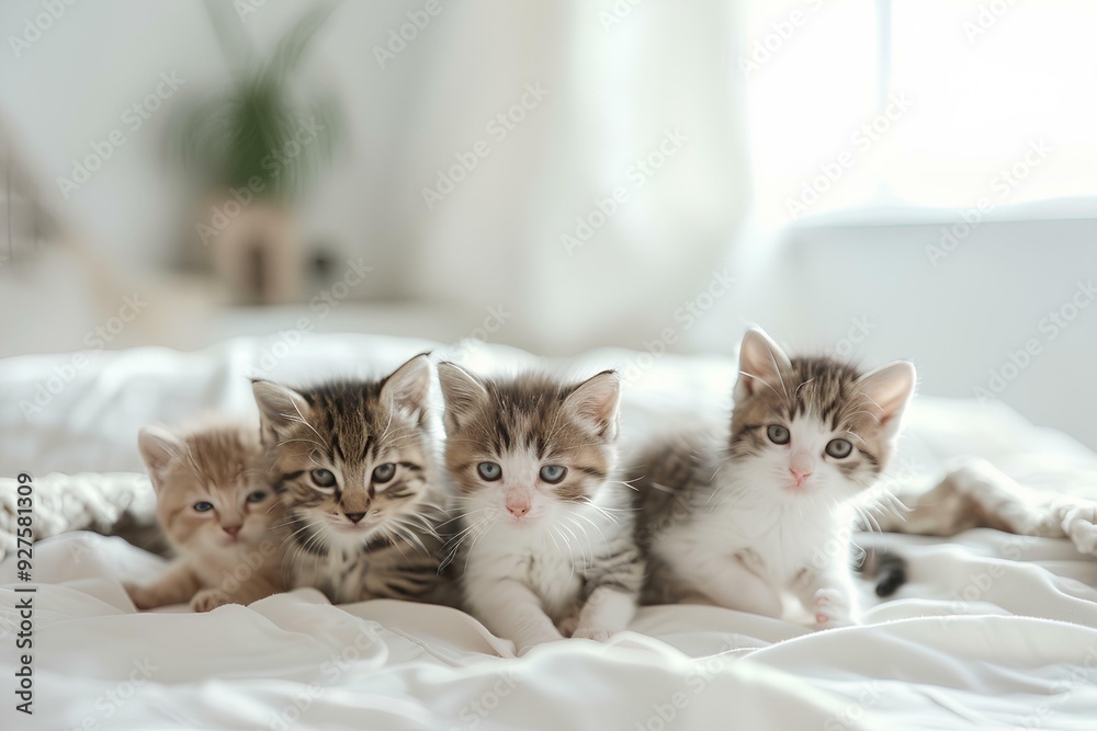 A group of cute kittens playing on a white bed A group of cute kittens playing on a white bed